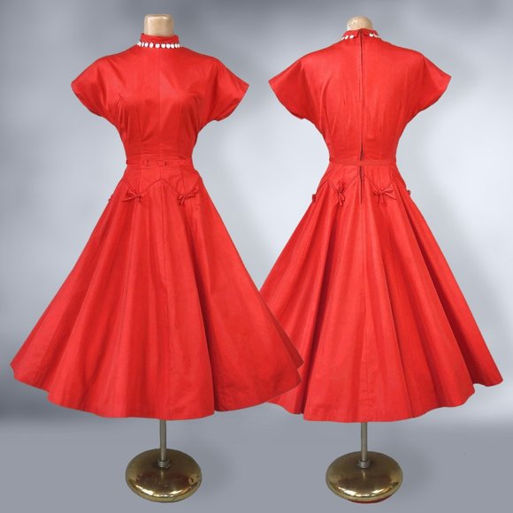 Vintage Dresses & Skirts - VINTAGE 50s Vibrant Red Full Sweep New Look Party Dress with Mother of Pearl VFG